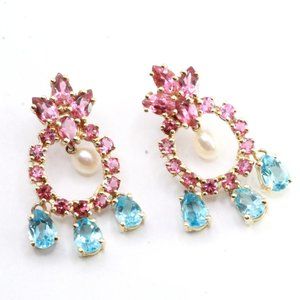 14K Gold Synthetic Tourmaline Topaz Pearl Chandelier Earrings